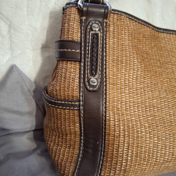 Fossil Key Per Tan Rattan and Brown Leather Woven Tote Bag 13x9 - Picture 6 of 16